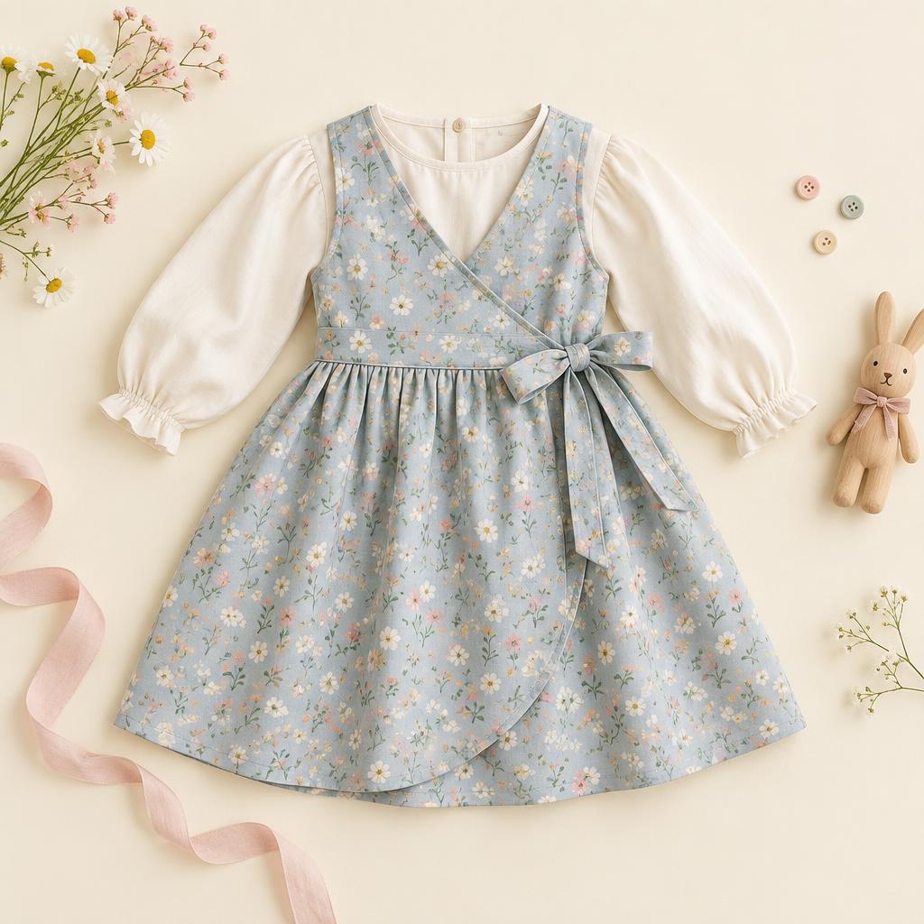 Ana Set: Conjunto de Vestido cruzado + blusa Manga Fruncida y cuello redondo