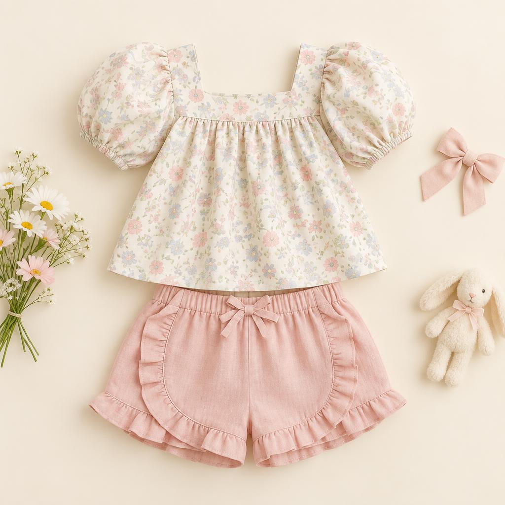 Lilu Set: Conjunto de Blusa Abullonada + short de Volantes