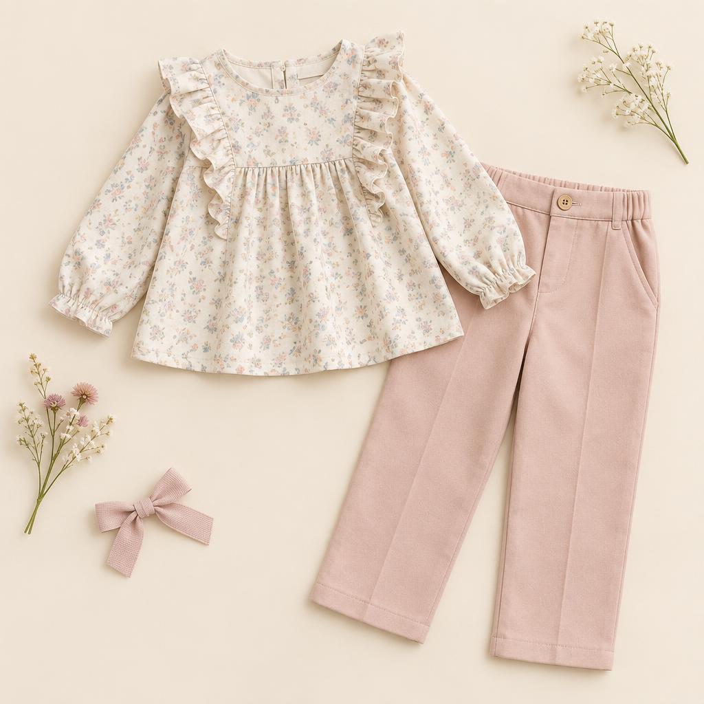 Mila Set: Conjunto de Blusa manga larga con volante + pantalón bota recta