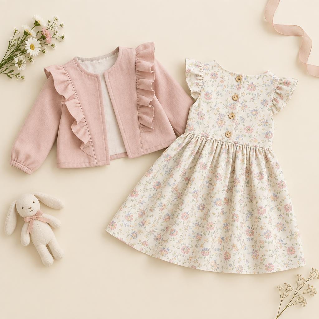 Nina Set: Conjunto de Chaqueta con volantes + vestido con botones posteriores vista adicional